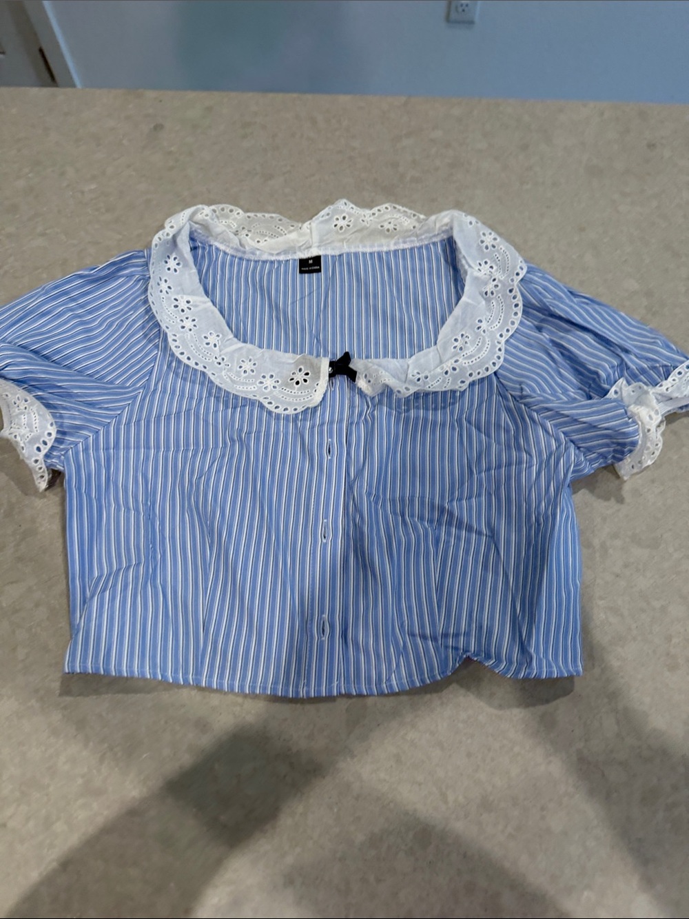 Blue & White Striped Eyelet Collar Crop Top